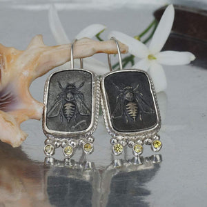 Handmade Blackened Bee Coin Earrings Canary Yellow Topaz 925 k Sterling Silver