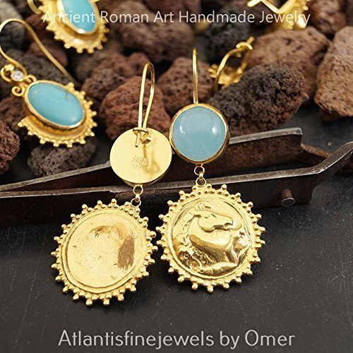 Omer 925 Silver Blue Chalcedony & Horse Coin Gold Earrings Turkish Women Jewelry