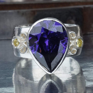 Canary Yellow Topaz & Amethyst Turkish 925 Silver Wide Band Large Ring