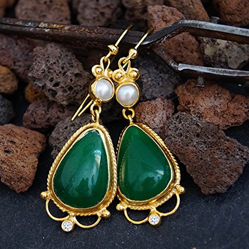 Turkish Jade Earrings Handmade Designer Jewelry By Omer 925 Sterling Silver 24 k Yellow Gold Plated