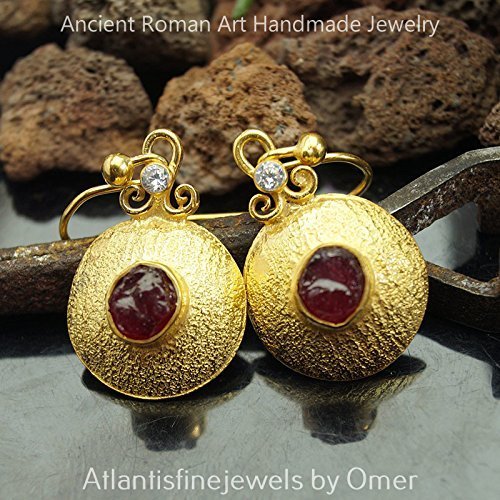 Turkish Rough Ruby Earrings Handmade Designer Jewelry By Omer 925 Sterling Silver 24 k Yellow Gold Plated