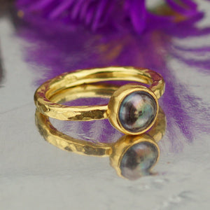 By Omer Turkish Gray Pearl Ring 925 k Sterling Silver 24k Yellow Gold Plated