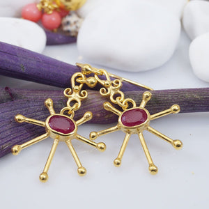 Handmade Red Topaz Hook Star Earrings 24k Gold Over Sterling Silver By Omer