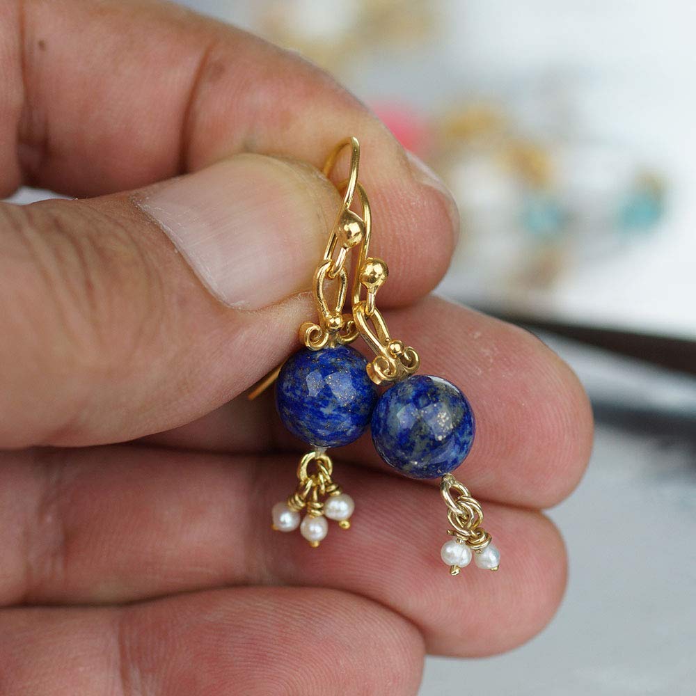 Turkish Sterling Silver Lapis Earrings w/Dangling Pearl Charms Handmade By Omer