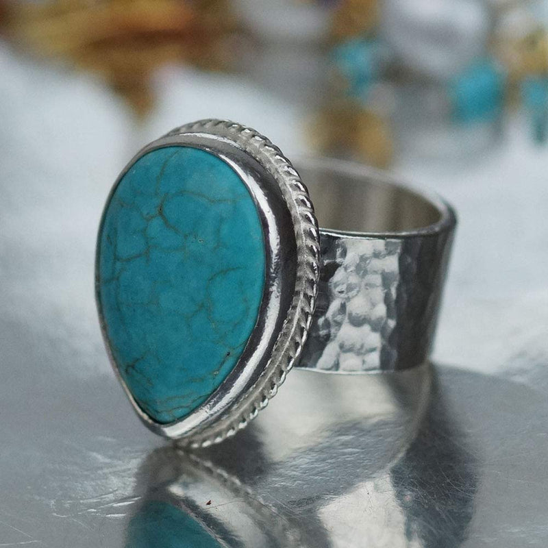 Handmade Turkish Sterling Silver Wide Band Hammered Large Turquoise Ring Handmad