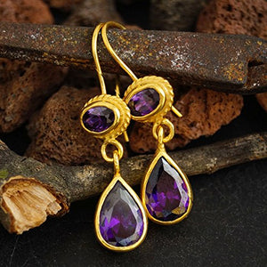 Turkish Amethyst Earring Handmade Designer Jewelry By Omer 925 Sterling Silver 24 k Yellow Gold Plated