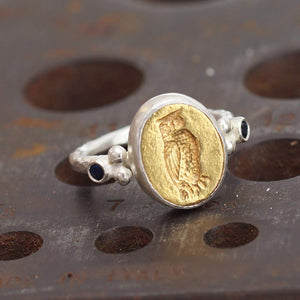 Sterling Silver Handmade Roman Art 2 Tone Owl Coin Signet Ring Turkish Designer