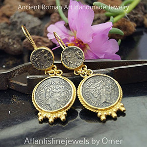 Turkish Large Coin Earrings Handmade Designer Jewelry By Omer 925 Sterling Silver 24 k Yellow Gold Plated