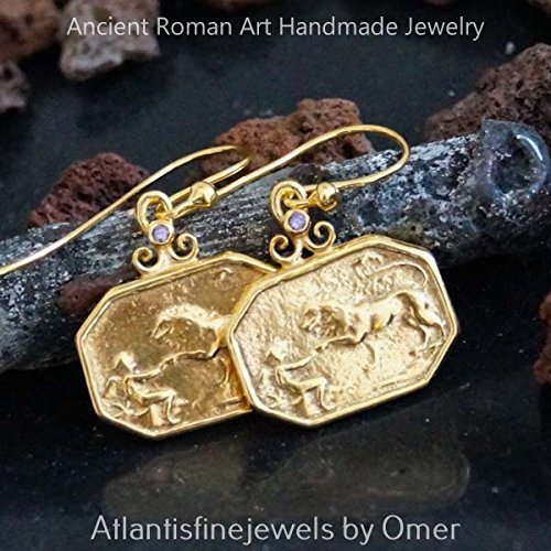 Turkish Lion Coin Earrings Handmade Designer Jewelry By Omer 925 Sterling Silver 24 k Yellow Gold Plated