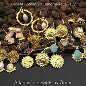 Omer 925 k Sterling Silver Handmade Roman Art Turquoise Cleopatra Gold Earrings