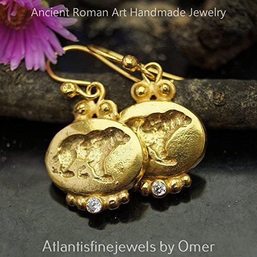 Turkish Bear Coin Earrings Handmade Designer Jewelry By Omer 925 Sterling Silver 24 k Yellow Gold Plated