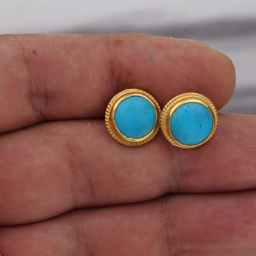 Roman Art Handmade Designer Turquoise Stud Earrings 24k Gold Over Silver By Omer Turkish Jewelry