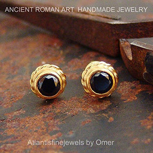 Turkish onyx Stud Earrings Handmade Designer Jewelry By Omer 925 Sterling Silver 24 k Yellow Gold Plated