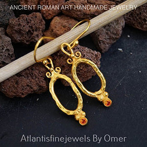Turkish Orange Topaz Earrings Handmade Designer Jewelry By Omer 925 Sterling Silver 24 k Yellow Gold Plated