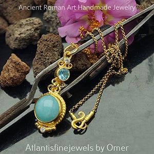 Omer Sterling Silver Blue Chalcedony & Topaz Necklace Handmade 24k Gold Vermeil