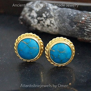 Turkish Turquoise Stud Earrings Handmade Designer Jewelry By Omer 925 Sterling Silver 24 k Yellow Gold Plated