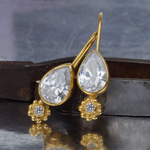 Omer 925 Sterling Silver Roman Art Pear Shape White Topaz Small Hook Earrings 24k Gold Vermeil