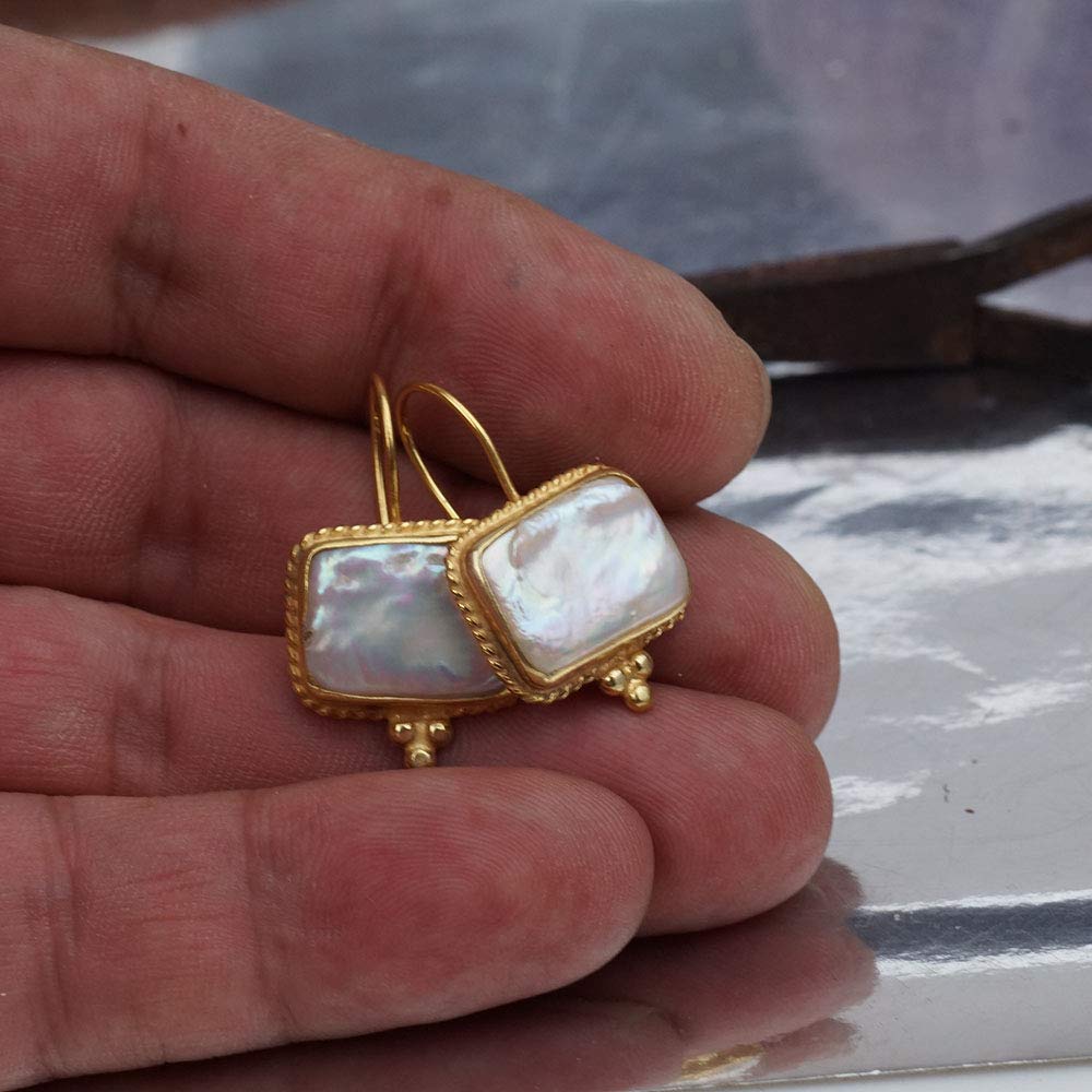 Omer Sterling Silver Handmade Rectangle Pearl Earrings W/Hook 24k Yellow Gold Vermeil Turkish Jewelry