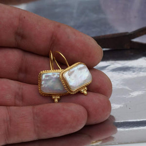 Omer Sterling Silver Handmade Rectangle Pearl Earrings W/Hook 24k Yellow Gold Vermeil Turkish Jewelry