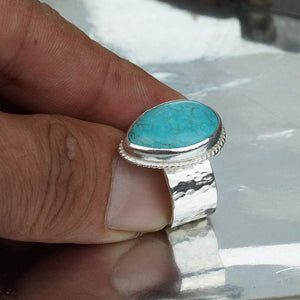 Turkish Jewelry Hammered Turquoise Large Ring 925 Sterling Silver