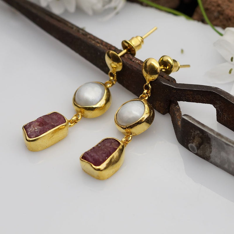 Sterling Silver 925k by Omer Roman Art Rough Ruby Pearl Earrings 24k Yellow Gold