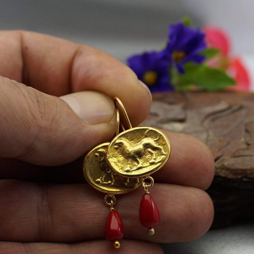 Roman Art Omer 925k Sterling Silver Handmade Lion Coin W/Coral Charm Earrings 24k Gold Vermeil