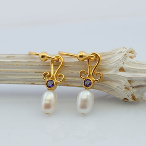 Omer Pearl Amethyst Small Dangle Earrings 24k Gold over 925k Silver Fine Jewelry