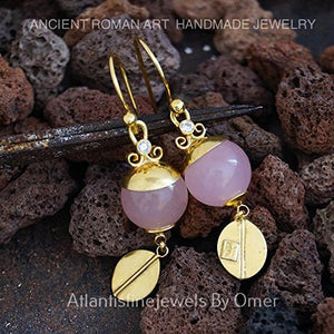 Turkish Pİnk Quartz Earrings Handmade Designer Jewelry By Omer 925 Sterling Silver 24 k Yellow Gold Plated
