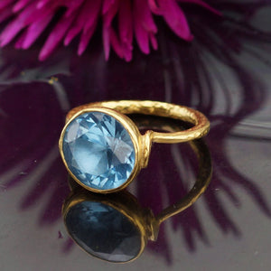 Turkish Blue Topaz Ring Handmade Designer Jewelry By Omer 925 Sterling Silver 24 k Yellow Gold Plated
