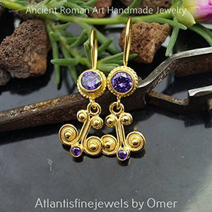 Omer 925k Silver Ancient Art Jewelry Artisan Amethyst Earrings 24k Gold Vermeil