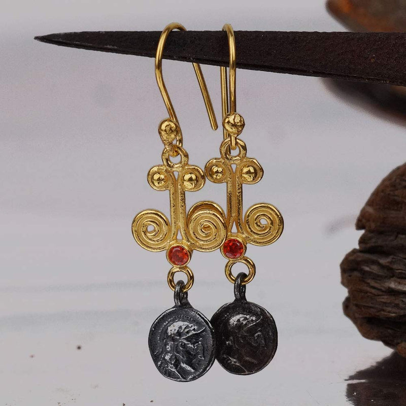 Turkish Coin Oxidized Earrings Handmade Designer Jewelry By Omer 925 Sterling Silver 24 k Yellow Gold Plated