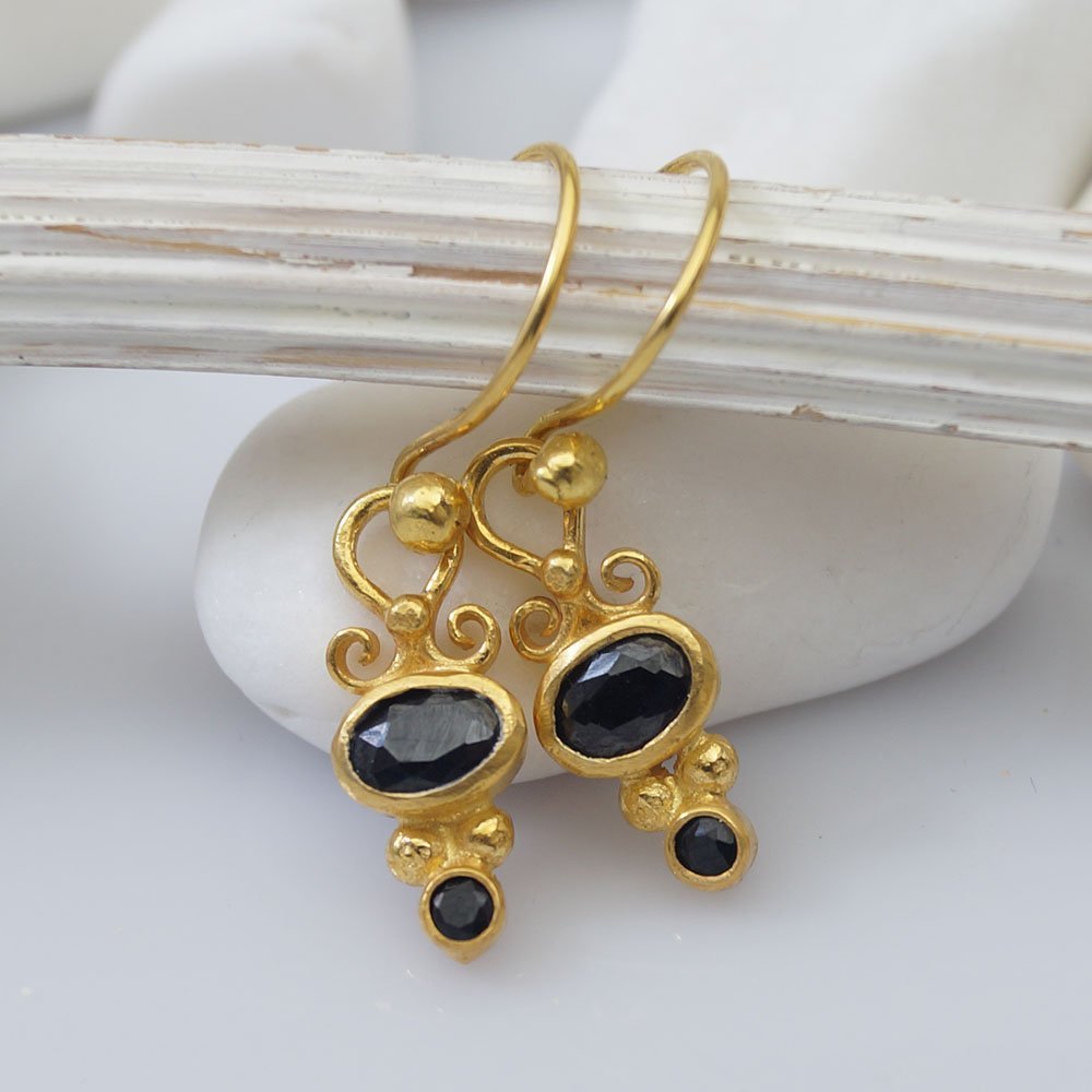 Turkish Onyx Earrings Handmade Designer Jewelry By Omer 925 Sterling Silver 24 k Yellow Gold Plated