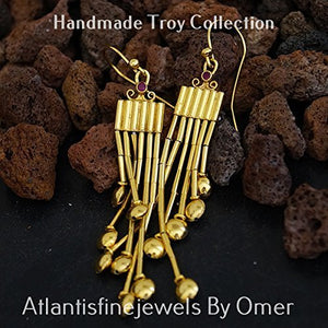 Omer 925 k Silver Multiple Strand Ancient Ruby Troy Earrings 24 k Gold Vermeil