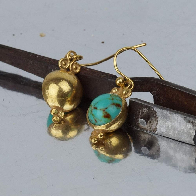 925 Silver Roman Art Handmade Designer Dome Turquoise Earrings 24k Gold Vermeil
