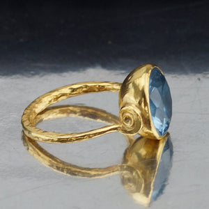 925 Sterling Silver Roman Art Handmade Large Stack Blue Topaz Ring 24k Gold Verm