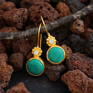 925 k Sterling Silver Handmade Green Turquoise Hook Earrings Yellow Gold Vermeil