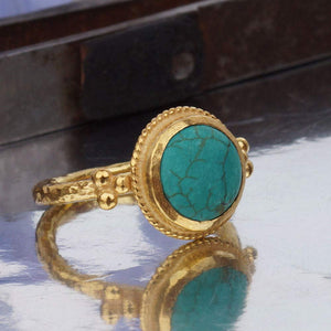 Roman Art Sterling Silver Granulated Turquoise Ring Handmade 24 k Gold Plated