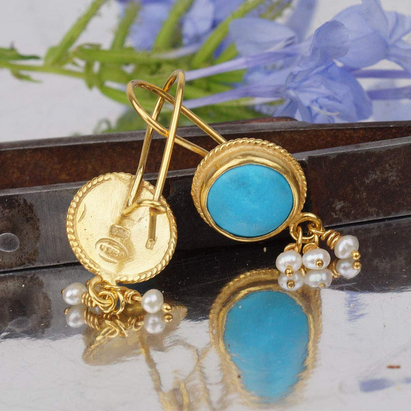 Omer 925 Sterling Silver Turquoise Gold Earrings W/ Pearl Charms Turkish Jewelry