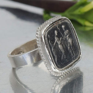Sterling Silver 4 mm Flat Band Roman Art Large Oxidized Coin Ring Handmade By Om