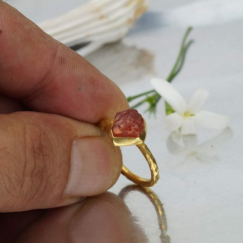 Handmade Hammered Stack Garnet Ring 925 Sterling Silver 24 k Yellow Gold Plated