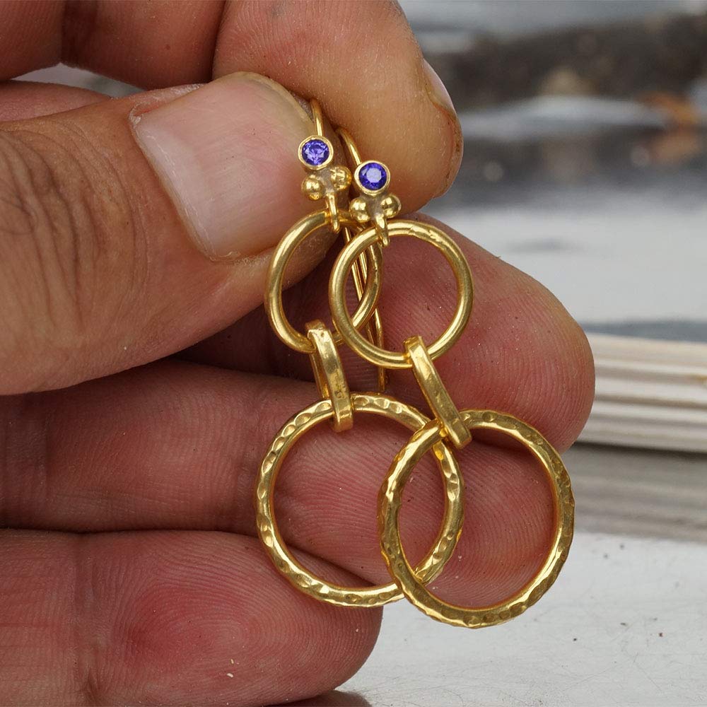 Omer 925 k Sterling Silver Hammered Circle Earrings W/Amethyst Hook 24k Gold Vermeil