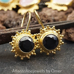 Omer Handcrafted 925 Sterling Silver Fine Granulated Onyx Artisan Gold Earrings
