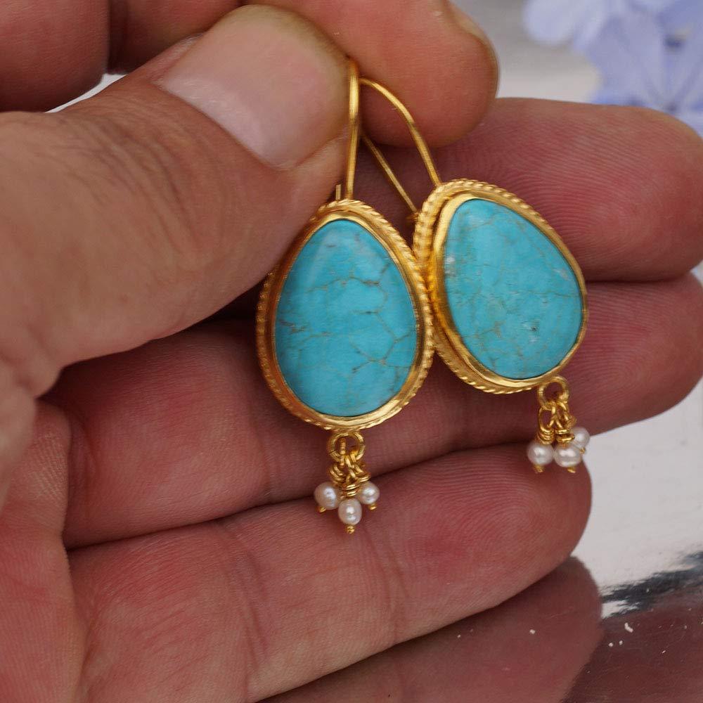 Omer 925 Sterling Silver Pear Turquoise Earrings W/Pearl Charms Roman Art Handmade Jewelry