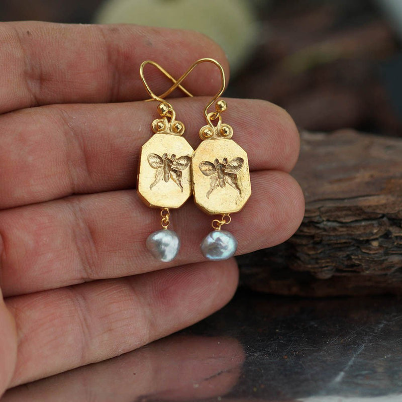 925 k Silver Butterfly Coin Pearl Charm Earrings Turkish Fine Jewelry By Omer