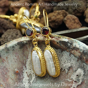 Handcrafted Dangle Pearl Garnet Earrings By Omer 24k Gold Over Sterling Silver