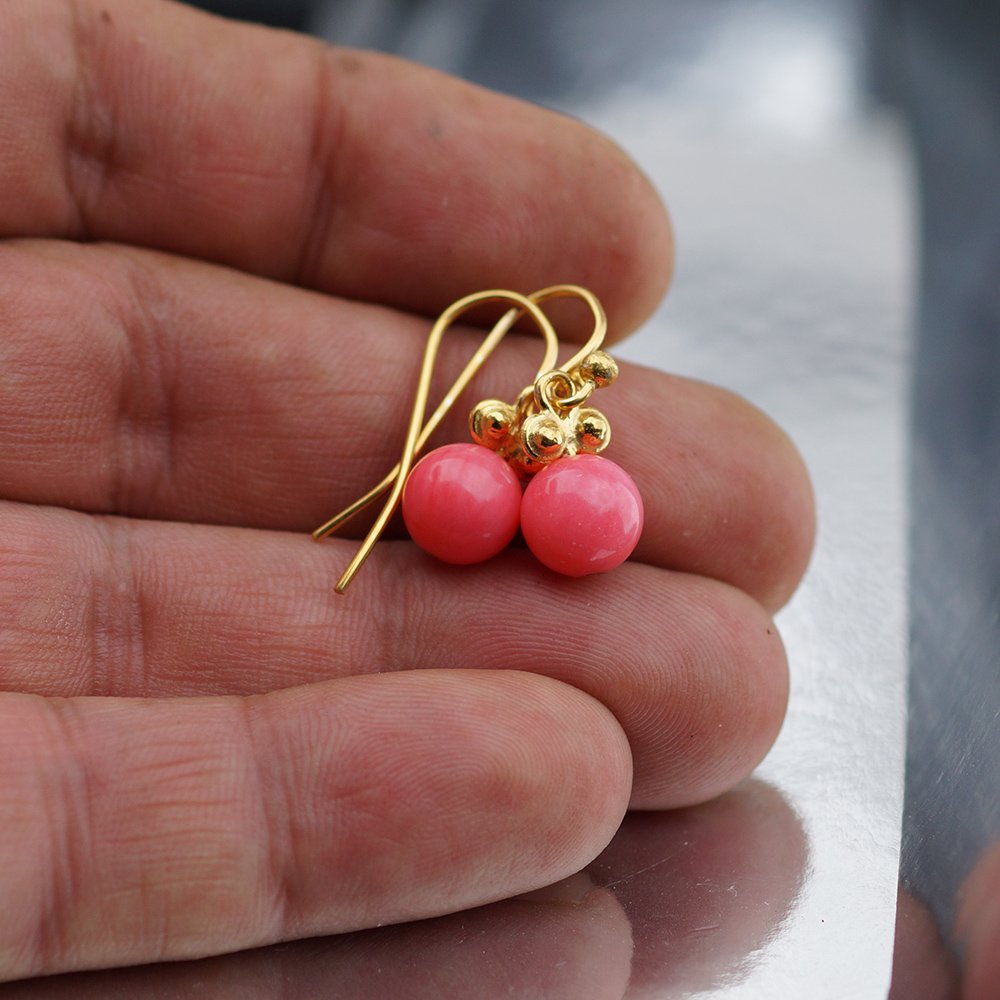 Handmade Dangle Red Coral Earrings 24 k Gold over 925 k Silver Design By Omer