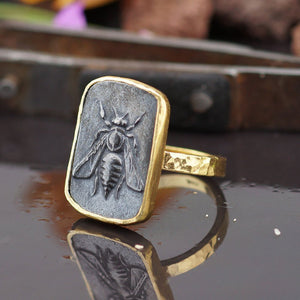 Sterling Silver 925k Oxidized Bee Coin Ring Roman Art Handmade By Omer 24k Gold