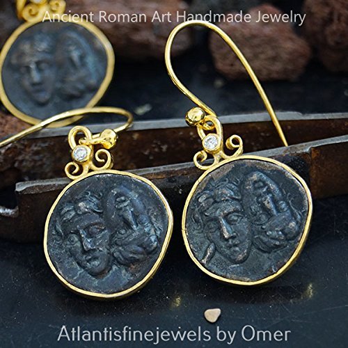 Handmade Greek Art Coin Earrings W/ White Topaz By Omer 24k Gold Over 925 Silver