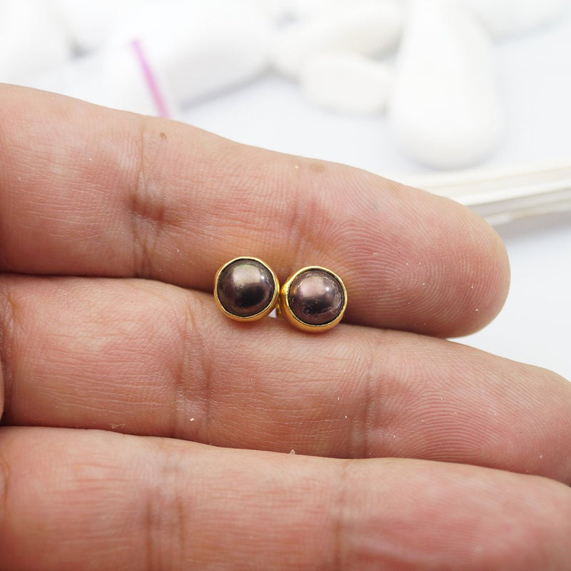 Handmade Black Pearl Stud Earrings By Omer 24k Yellow Gold Over 925 Silver