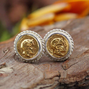 Turkish Coin Stud Earrings Handmade Designer Jewelry By Omer 925 Sterling Silver 